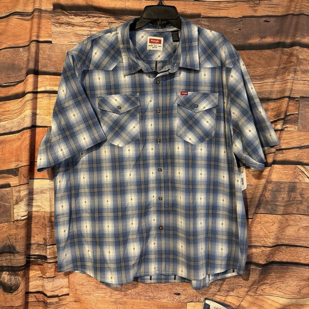 Wrangler Men's 3XL S/S Plaid Western Shirt Button Up Blue Casual Workwear Cowboy